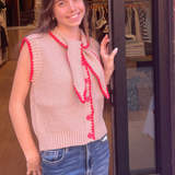 Mollie Sleeveless Sweater w/ Scarf - Taupe/Red