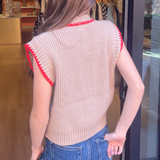Mollie Sleeveless Sweater w/ Scarf - Taupe/Red