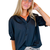 Nancy Vneck Puff Sleeve Top - Denim Black