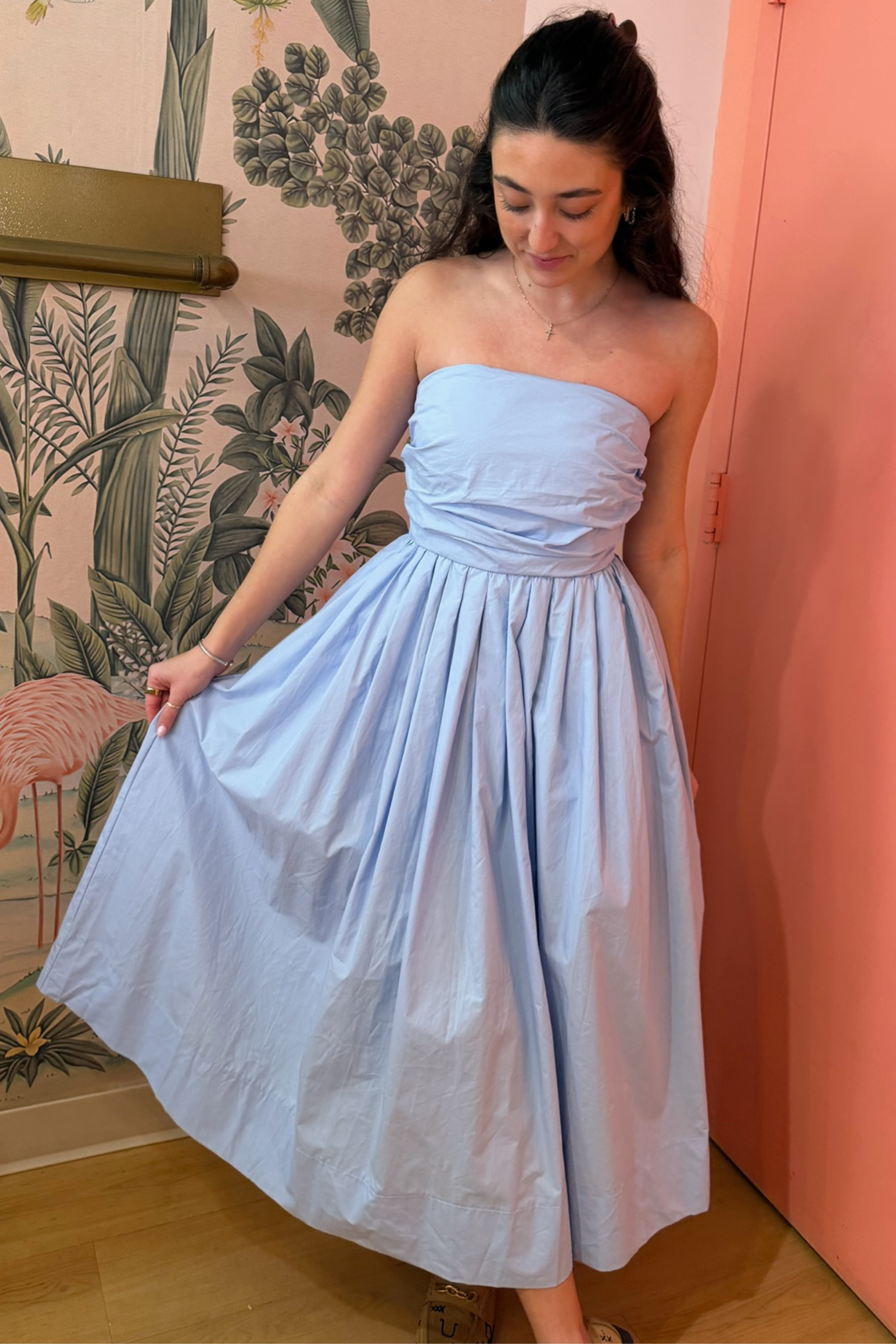 light blue midi cocktail dress Oleandra | Light BLUE High-Neck Midi-Dress With Draped-Detail