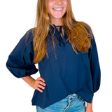 Margaret Vneck Balloon Sleeve Top - Navy