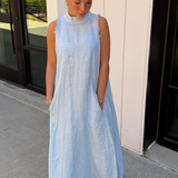 Naomi Mock Neck Linen Maxi - Sky Blue