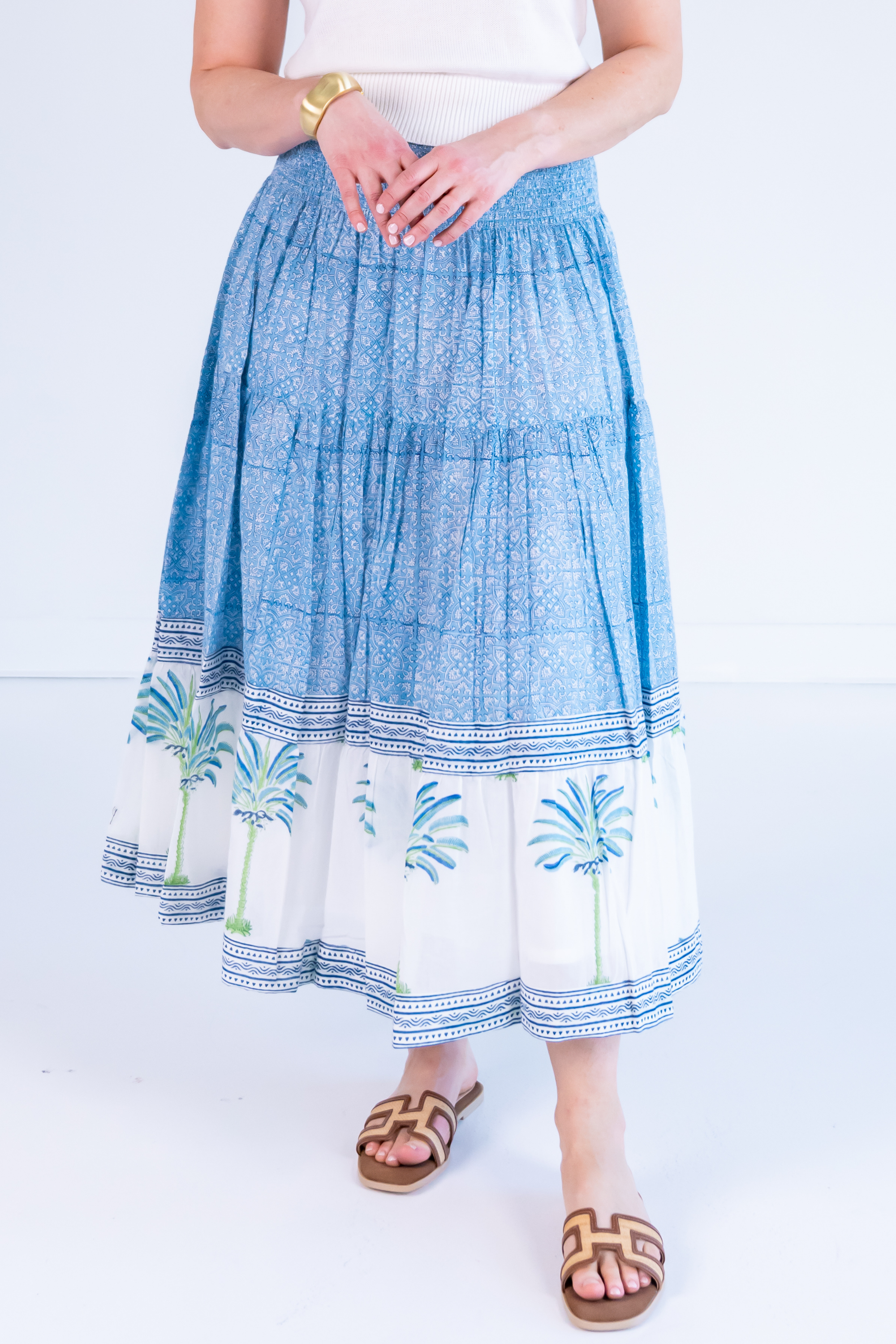 Britt Smocked Midi Skirt - Palm Tile Blue