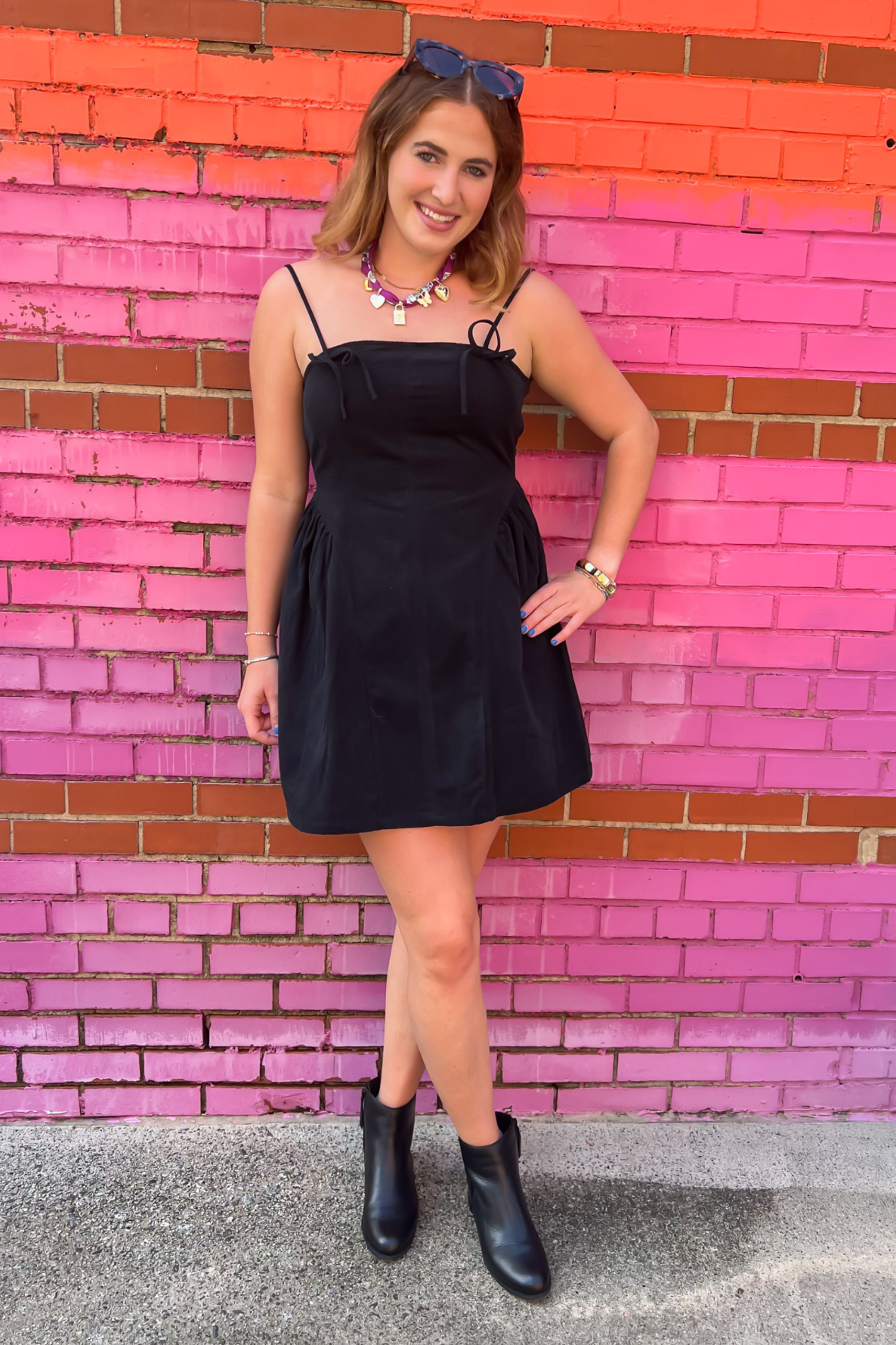 Bow Trim Mini Dress - Black