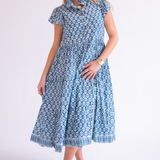 Lou Short Sleeve Flutter Midi Dress - Wavy Dark Teal