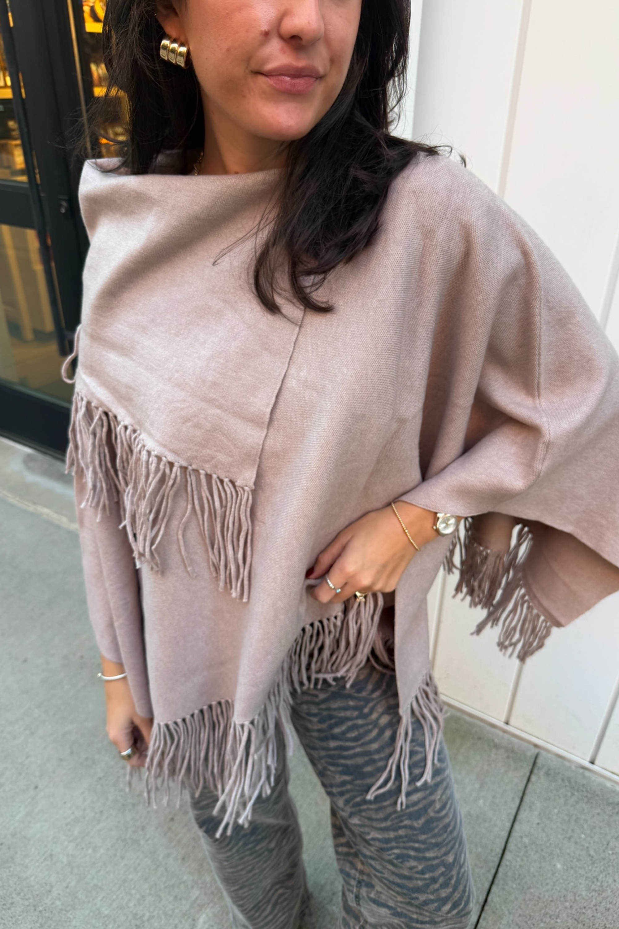 Maggie Fringe Poncho Sweater - Light Mocha