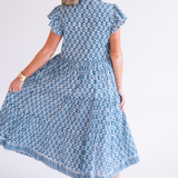 Lou Short Sleeve Flutter Midi Dress - Wavy Dark Teal