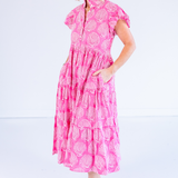 Lou Short Sleeve Flutter Midi Dress - Shells Bubblegum Hot Pink
