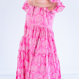 Lou Short Sleeve Flutter Midi Dress - Shells Bubblegum Hot Pink