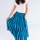 Lucy Smocked Midi Skirt - Thick Stripe Navy Teal
