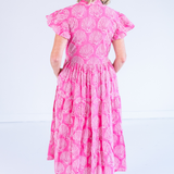 Lou Short Sleeve Flutter Midi Dress - Shells Bubblegum Hot Pink