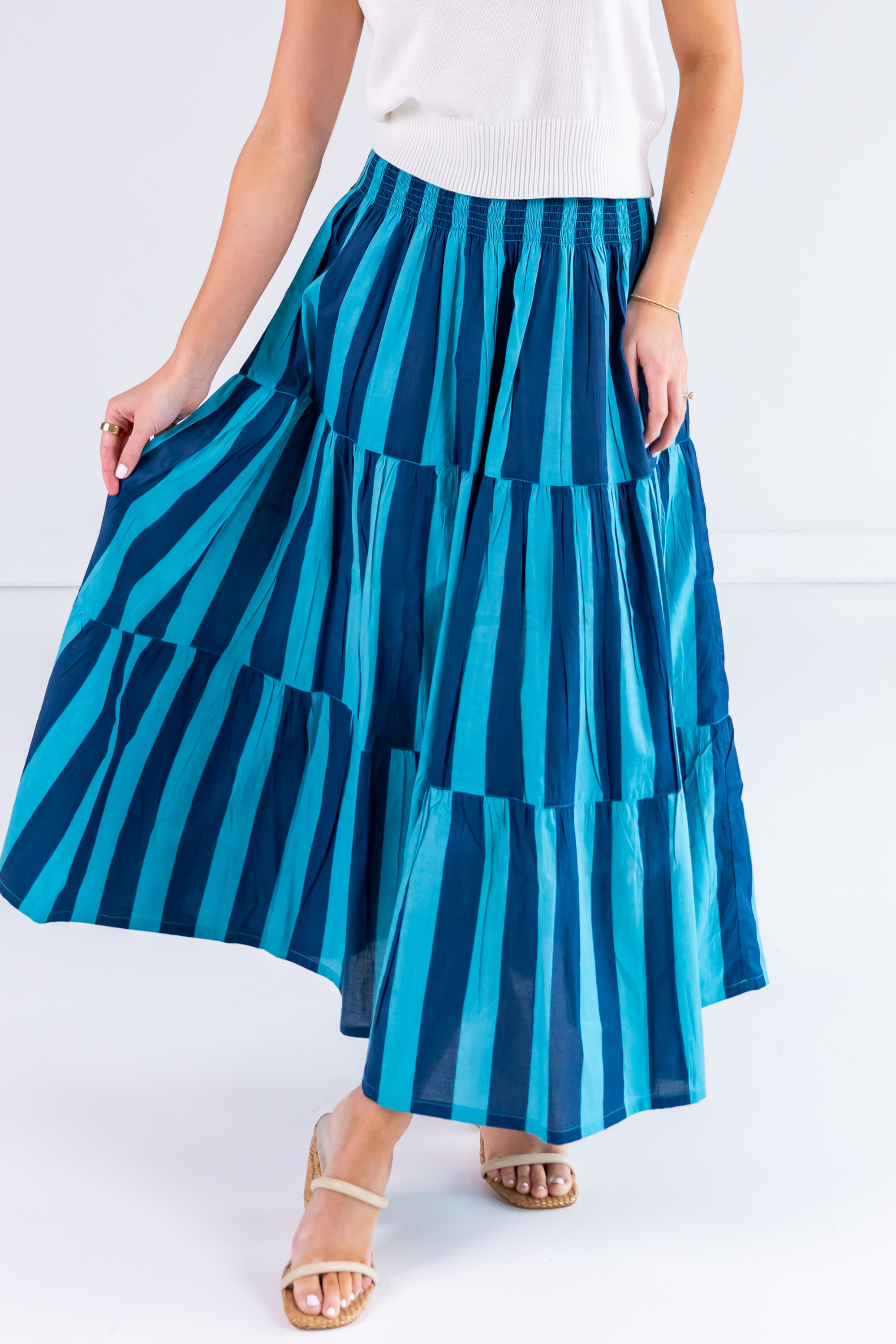 Lucy Smocked Midi Skirt - Thick Stripe Navy Teal