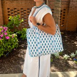 Emily Blockprint Zipper Tote - Light Blue Paisley