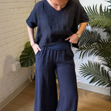 Daisy Linen V-neck Dolman Top - Navy