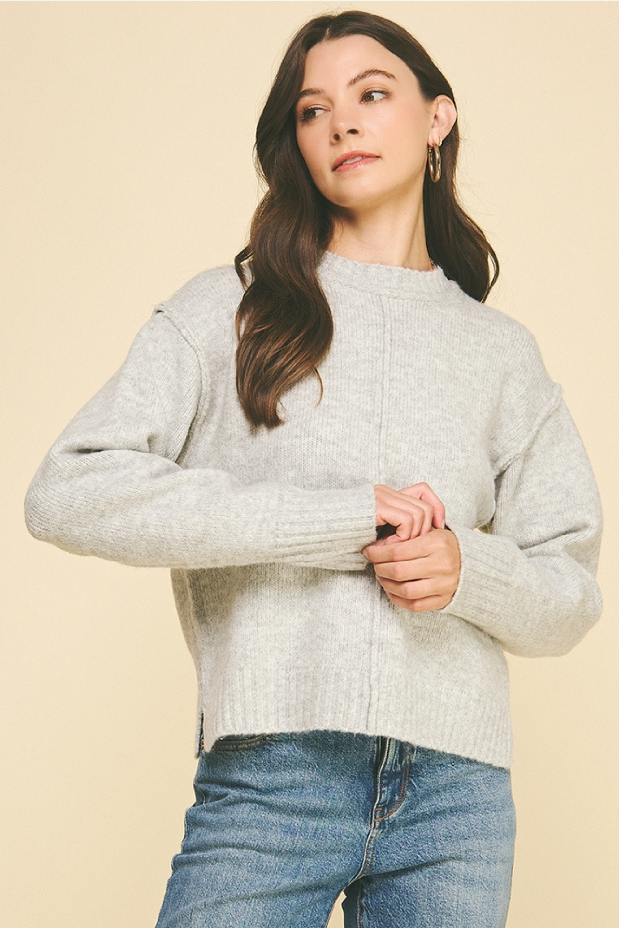 Anna Raw Edge Crew Sweater - Heather Grey