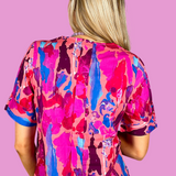 Adriana Pleated Short Sleeve Top - Paint Burst Pink