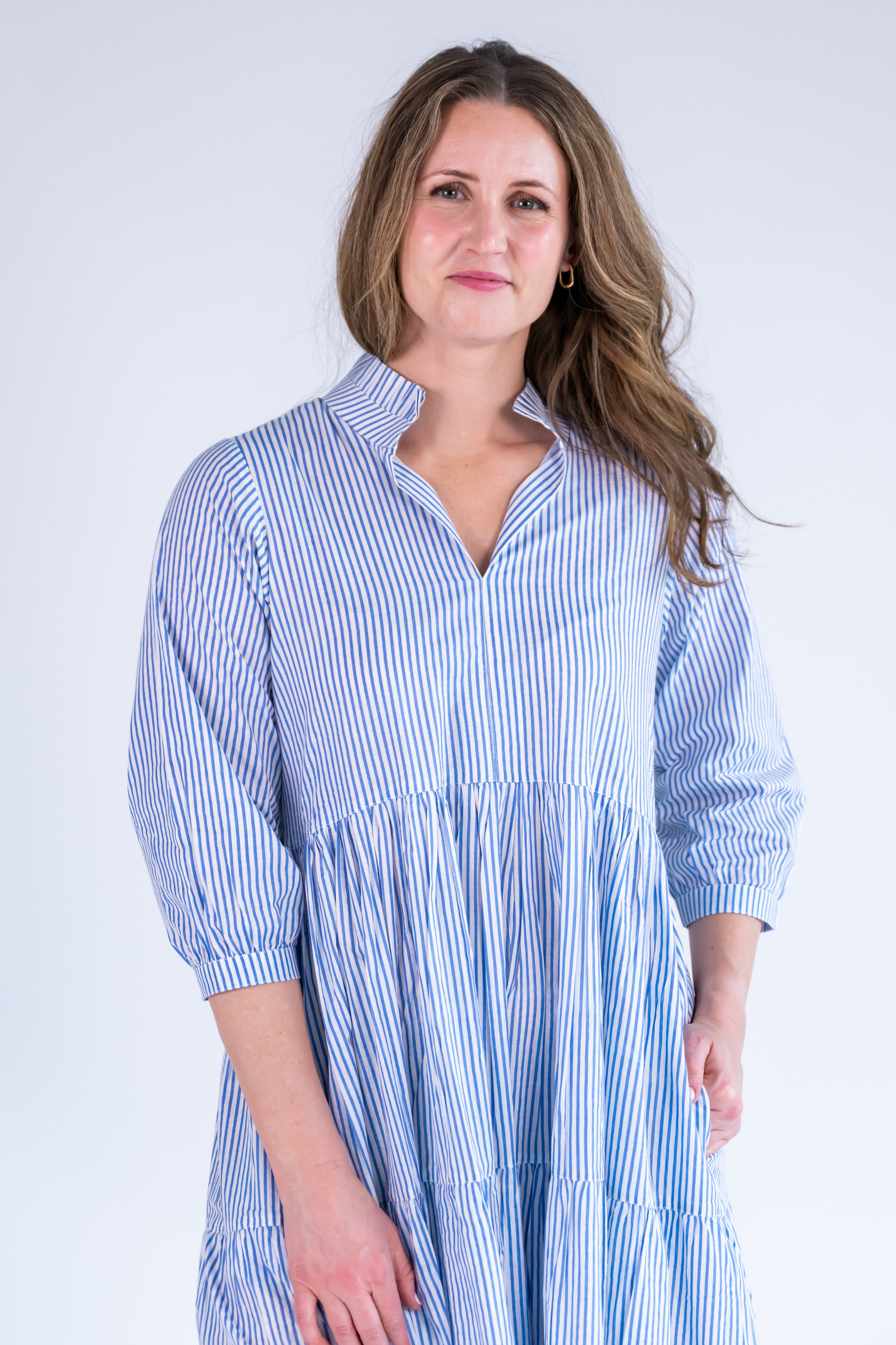 Esther 3/4 Sleeve Maxi Dress - Mini Stripe Cornflower
