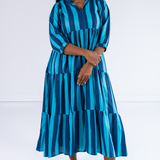 Esther 3/4 Sleeve Maxi Dress - Thick Stripe Navy Teal