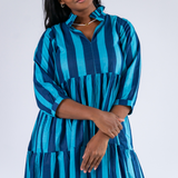 Esther 3/4 Sleeve Maxi Dress - Thick Stripe Navy Teal