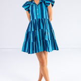 Lou Flutter Sleeve Mini Dress - Thick Stripe Navy Teal