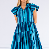 Lou Flutter Sleeve Mini Dress - Thick Stripe Navy Teal