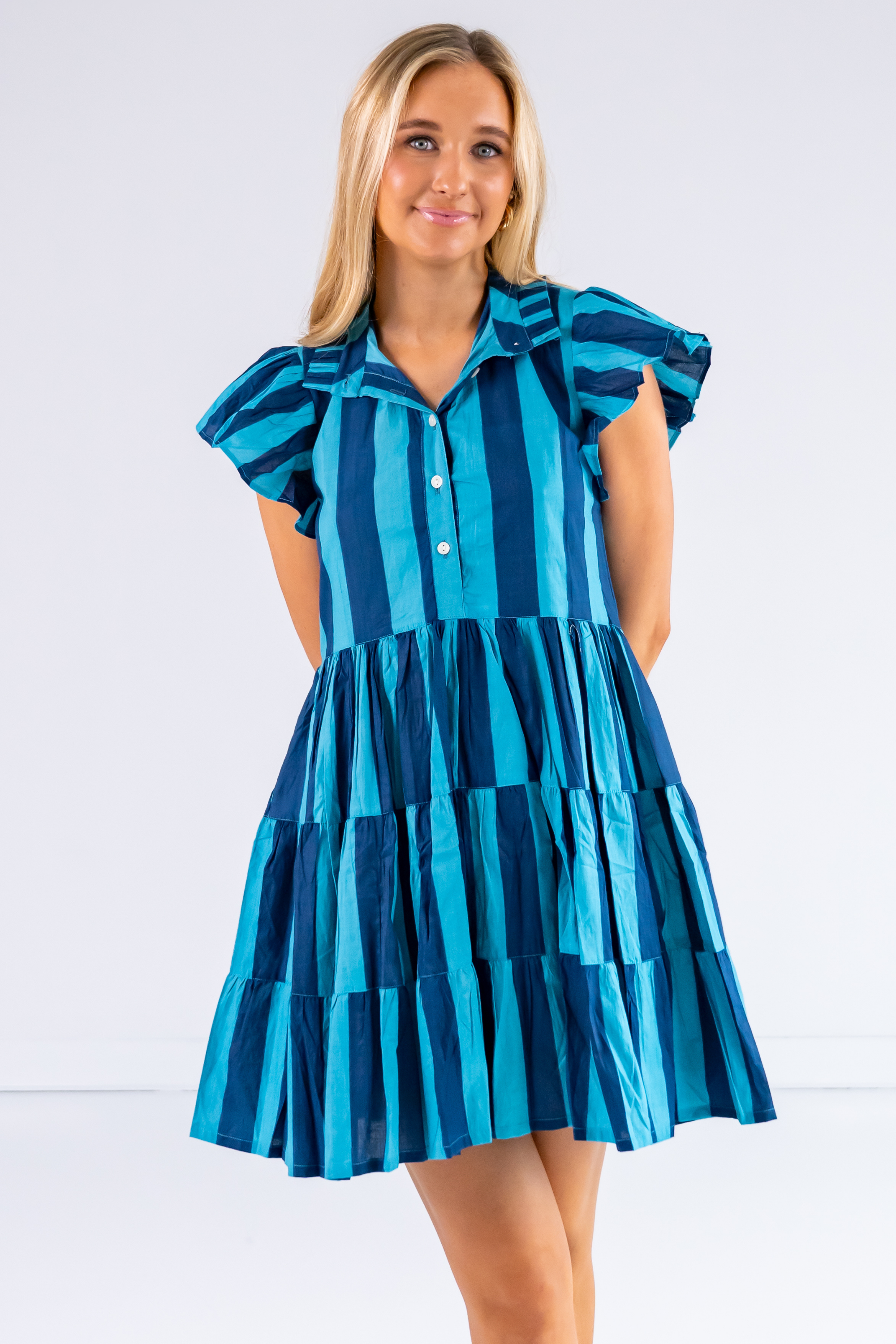 Lou Flutter Sleeve Mini Dress - Thick Stripe Navy Teal