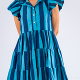 Lou Flutter Sleeve Mini Dress - Thick Stripe Navy Teal
