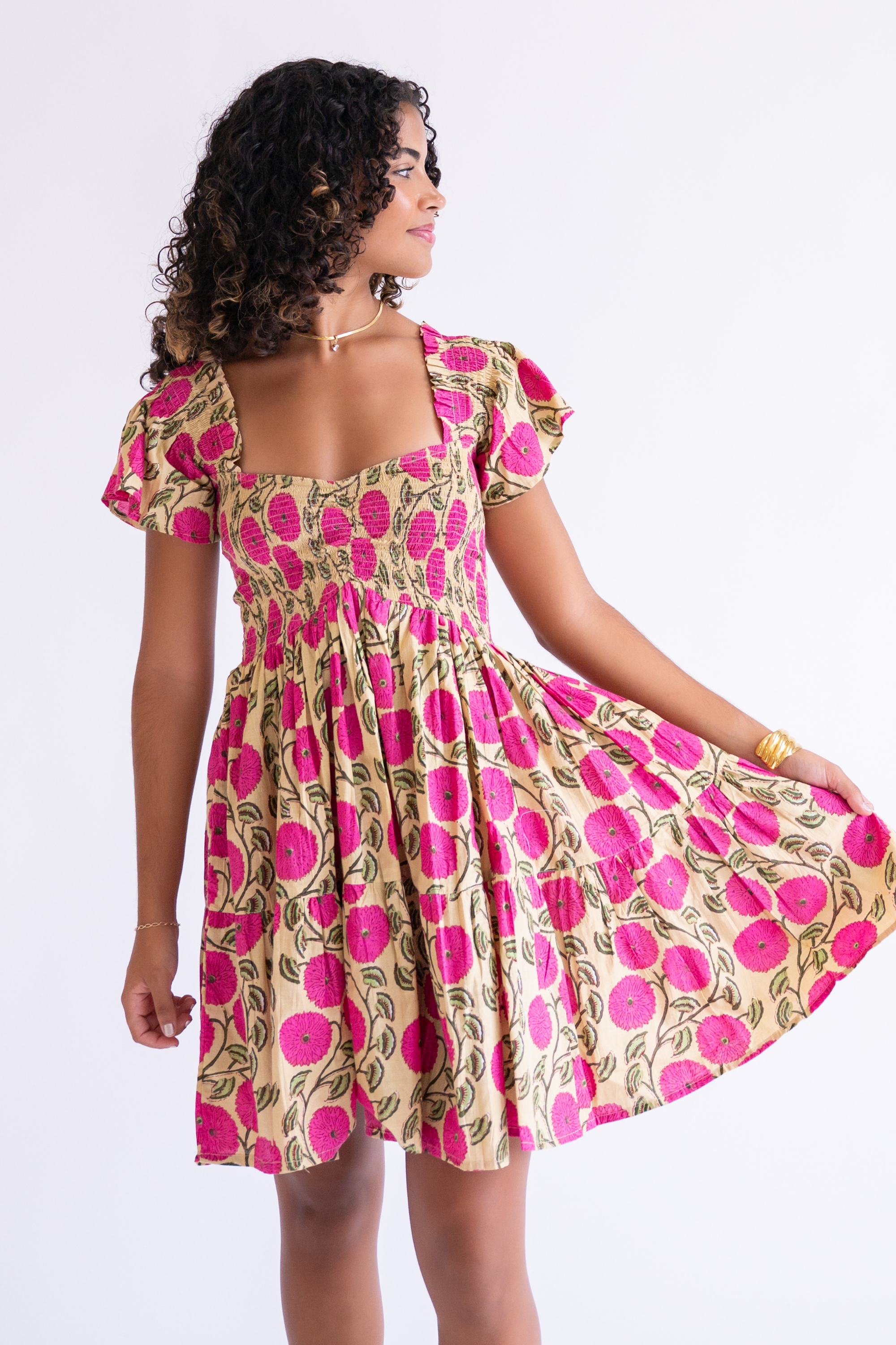 Abby Sweetheart Blockprint Mini Dress - Mum Magenta Butter