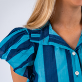 Lou Flutter Sleeve Mini Dress - Thick Stripe Navy Teal
