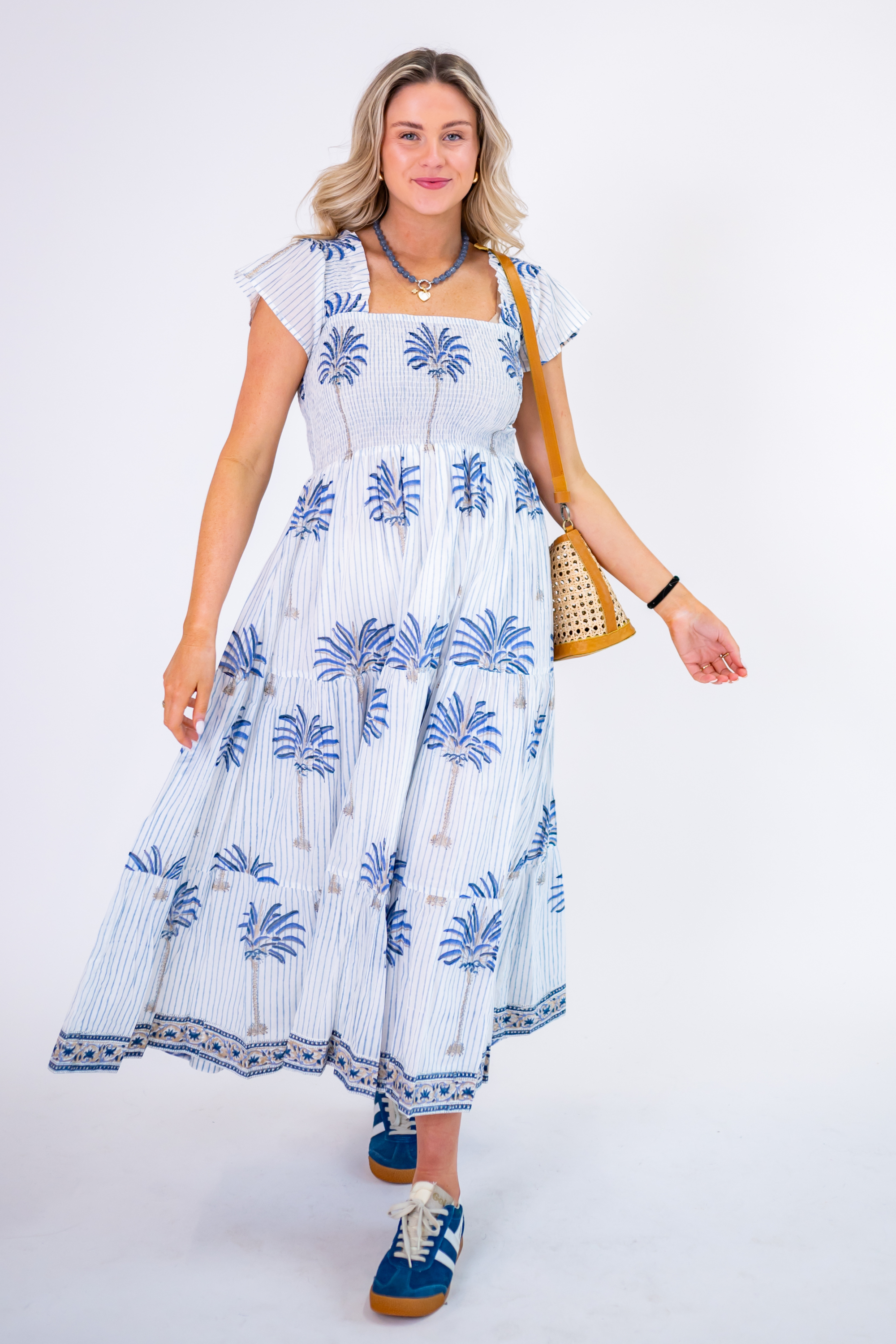 Lil Smocked Maxi Dress - Palm Stripe Cornflower