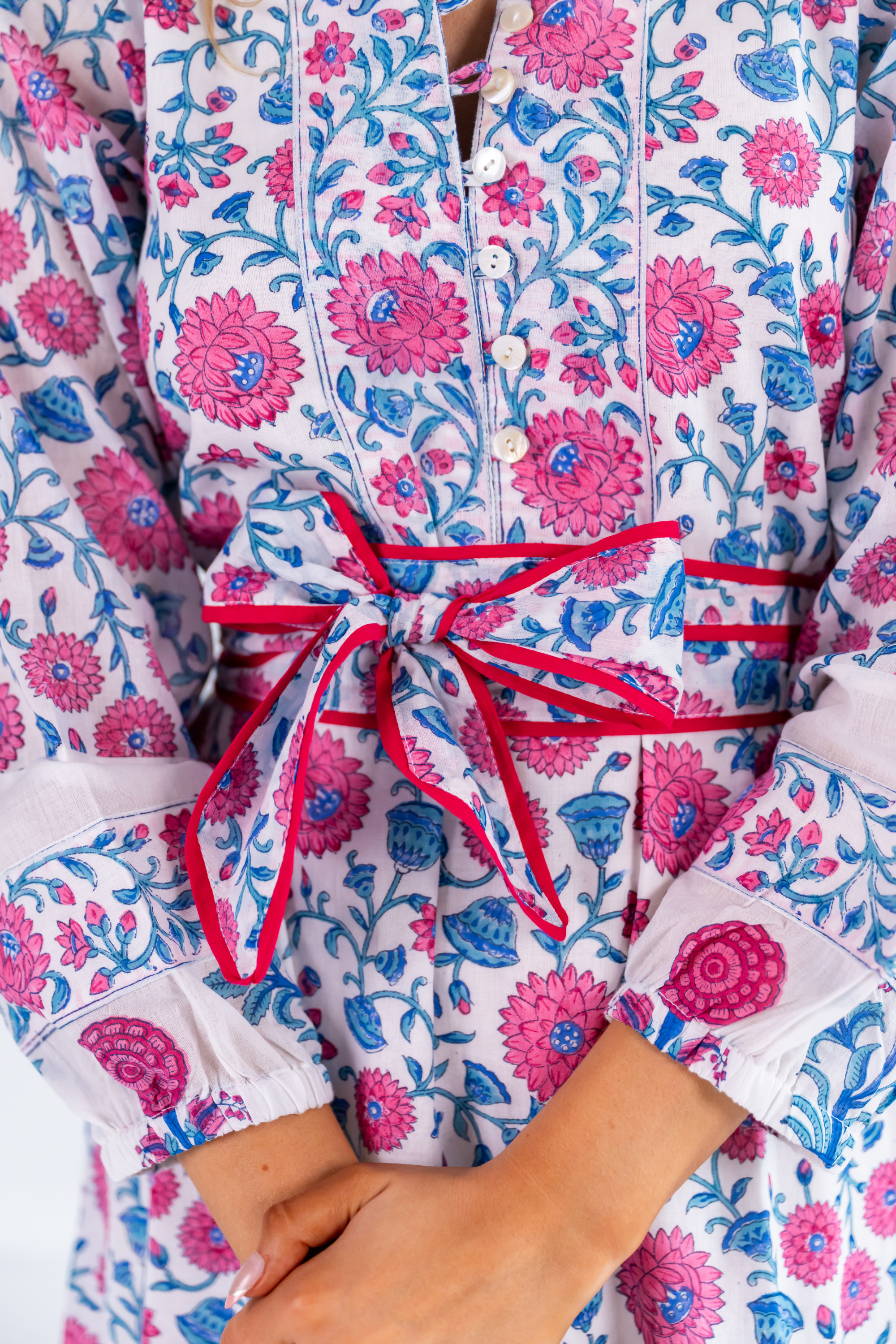 Heidi Long Sleeve Belted Blockprint Maxi Dress - Poppy Mix Hot Pink