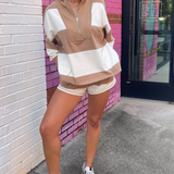 Salli Stripe Half Zip-Up Top & Shorts Set - Taupe