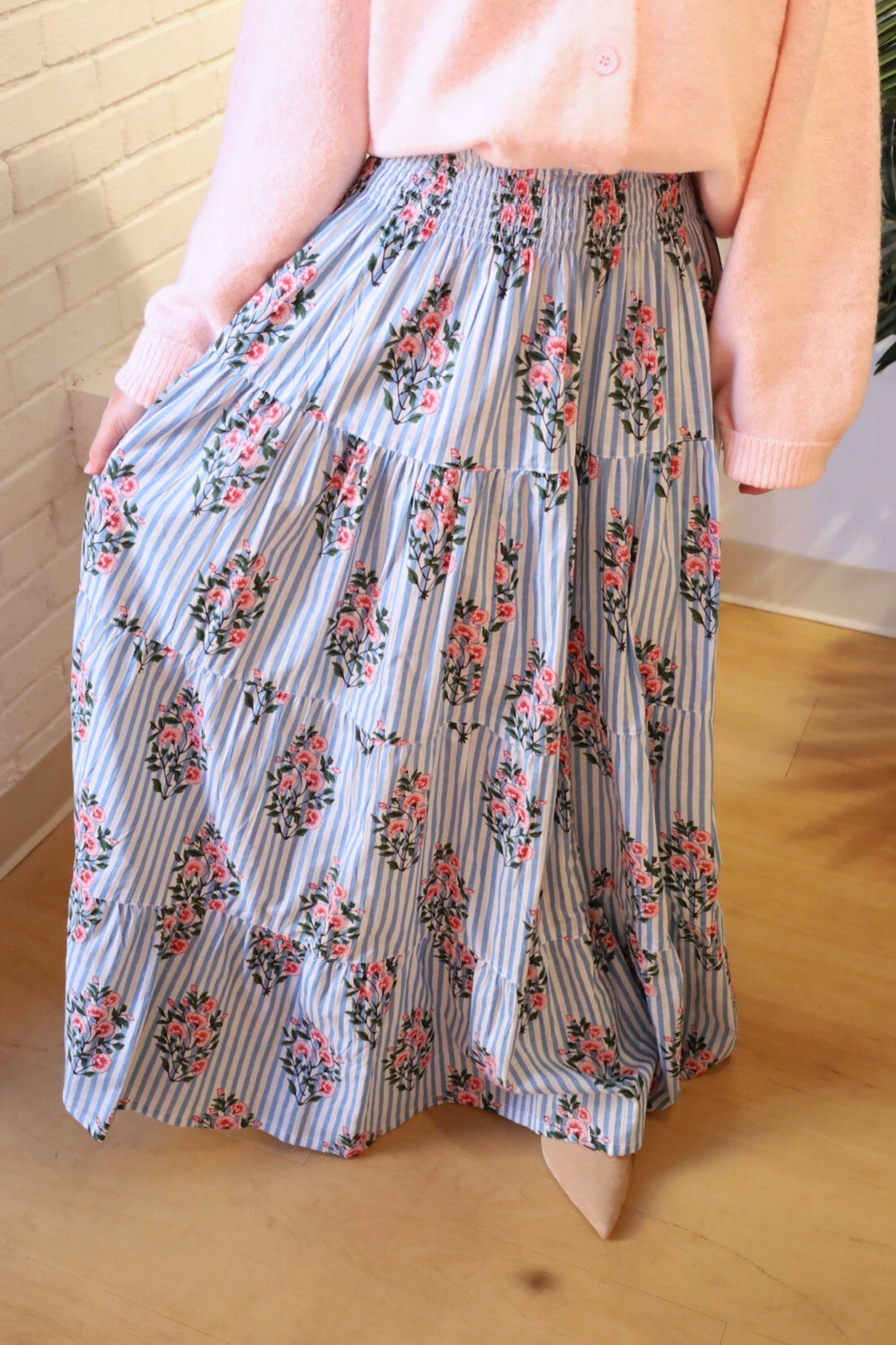 Lucy Smocked Maxi Skirt - Mini Stripe Floral Light Blue