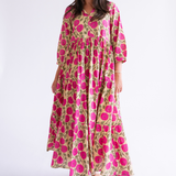 Esther 3/4 Sleeve Blockprint Maxi Dress - Mum Magenta Butter