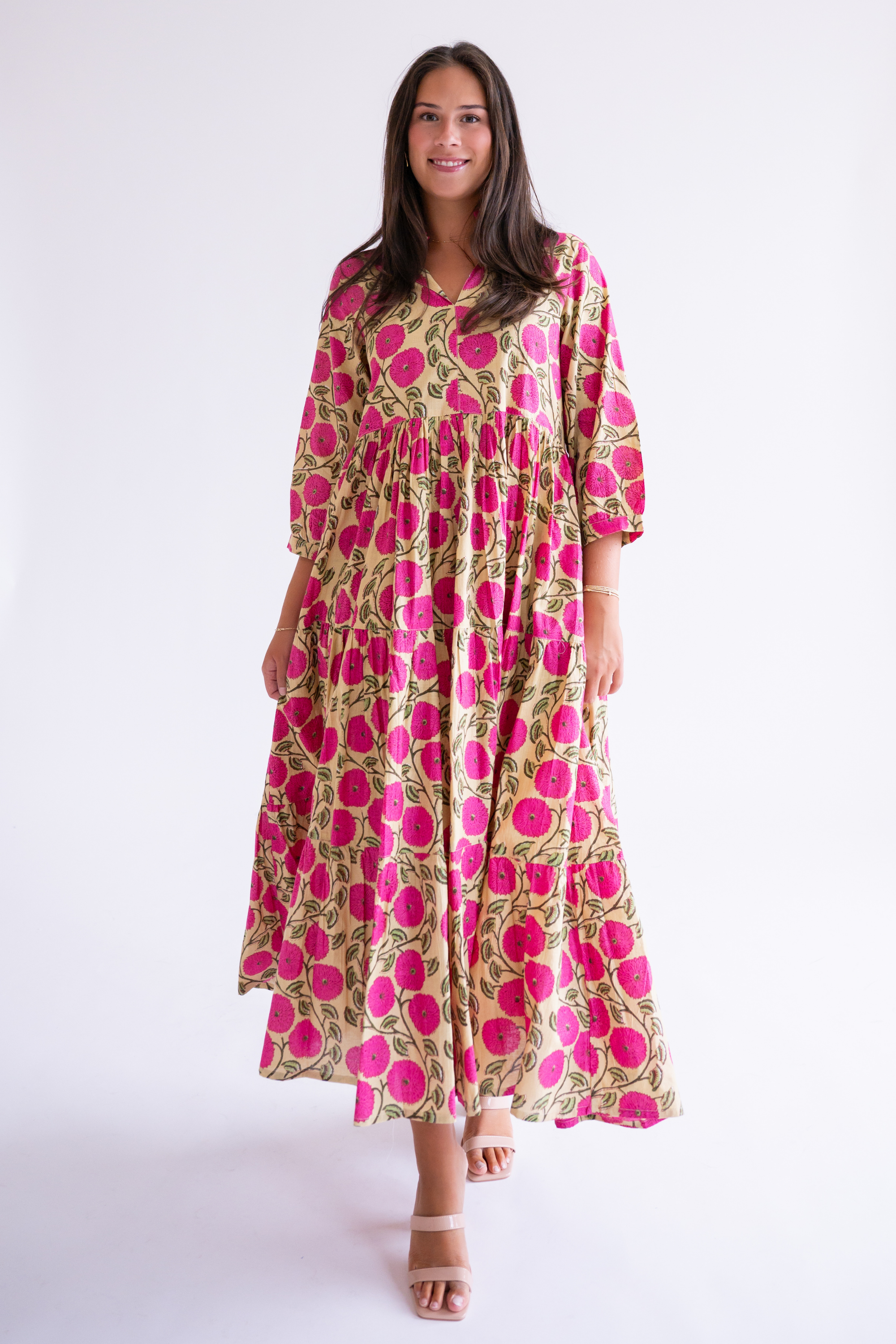 Esther 3/4 Sleeve Blockprint Maxi Dress - Mum Magenta Butter