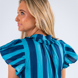 Lou Flutter Sleeve Mini Dress - Thick Stripe Navy Teal