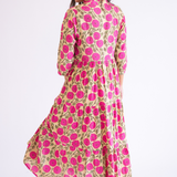 Esther 3/4 Sleeve Blockprint Maxi Dress - Mum Magenta Butter