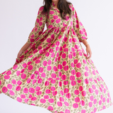 Esther 3/4 Sleeve Blockprint Maxi Dress - Mum Magenta Butter