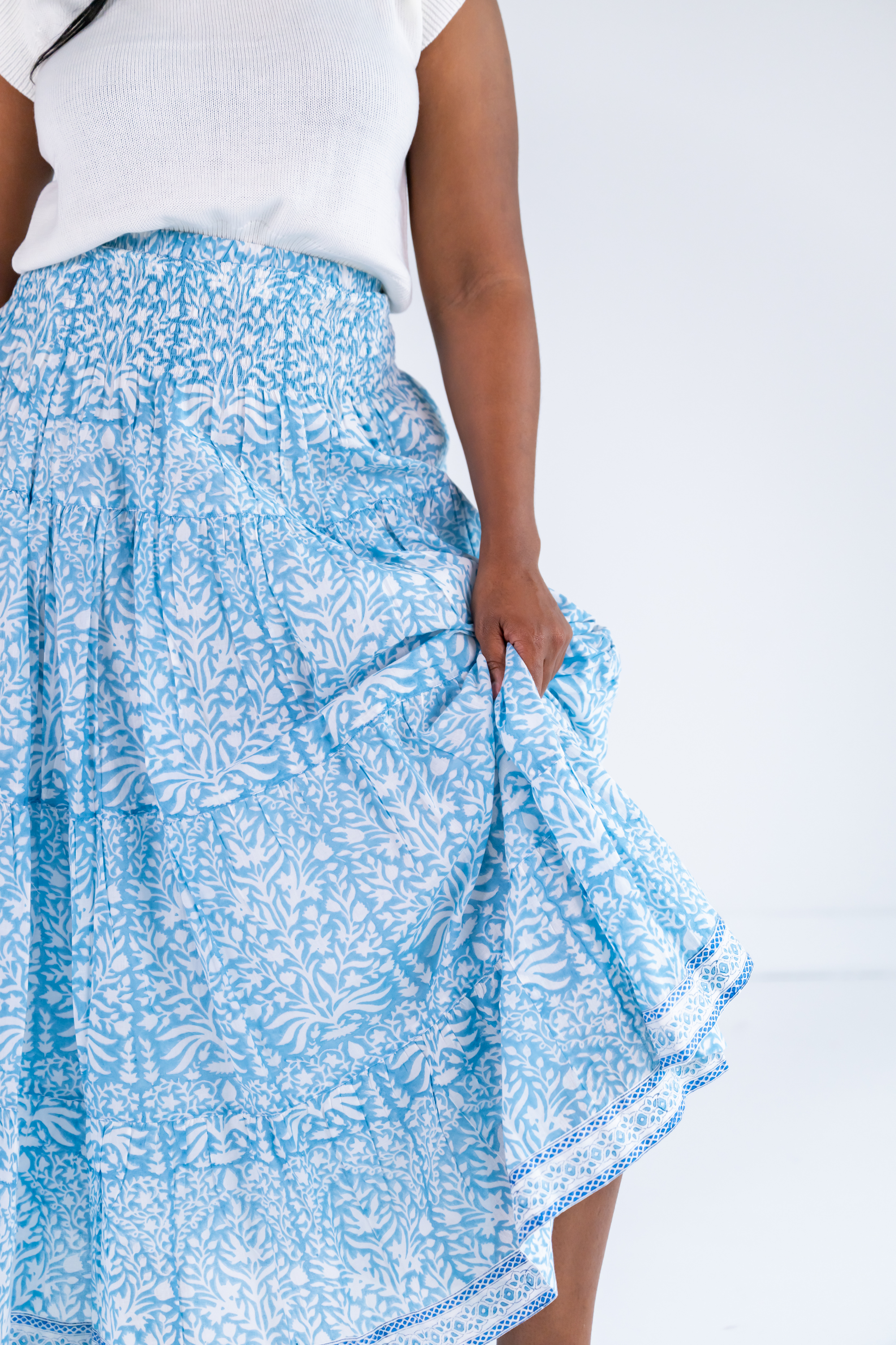 Britt Smocked Maxi Skirt - Blossom Carolina Blue