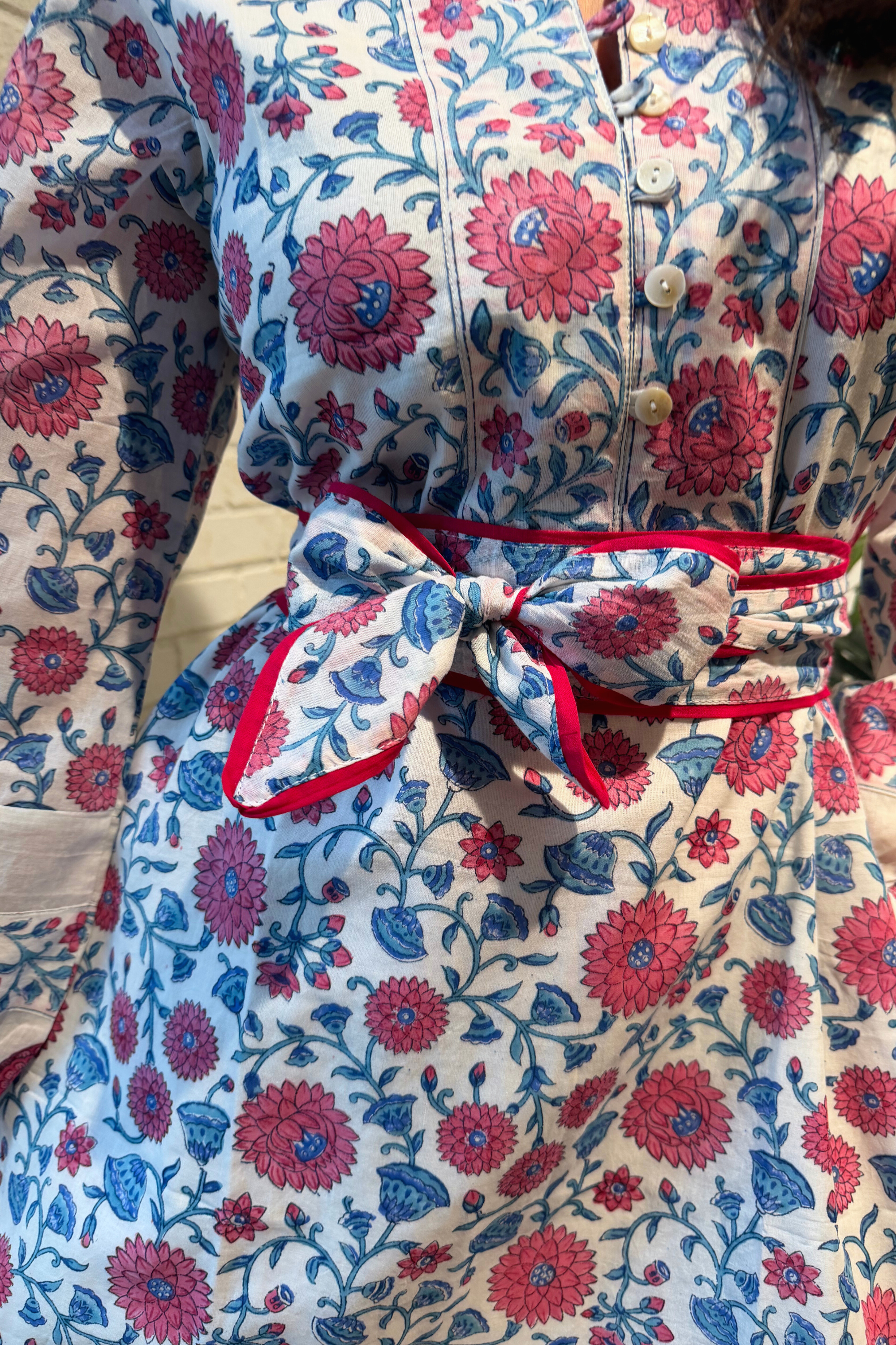 Heidi Long Sleeve Belted Blockprint Maxi Dress - Poppy Mix Hot Pink