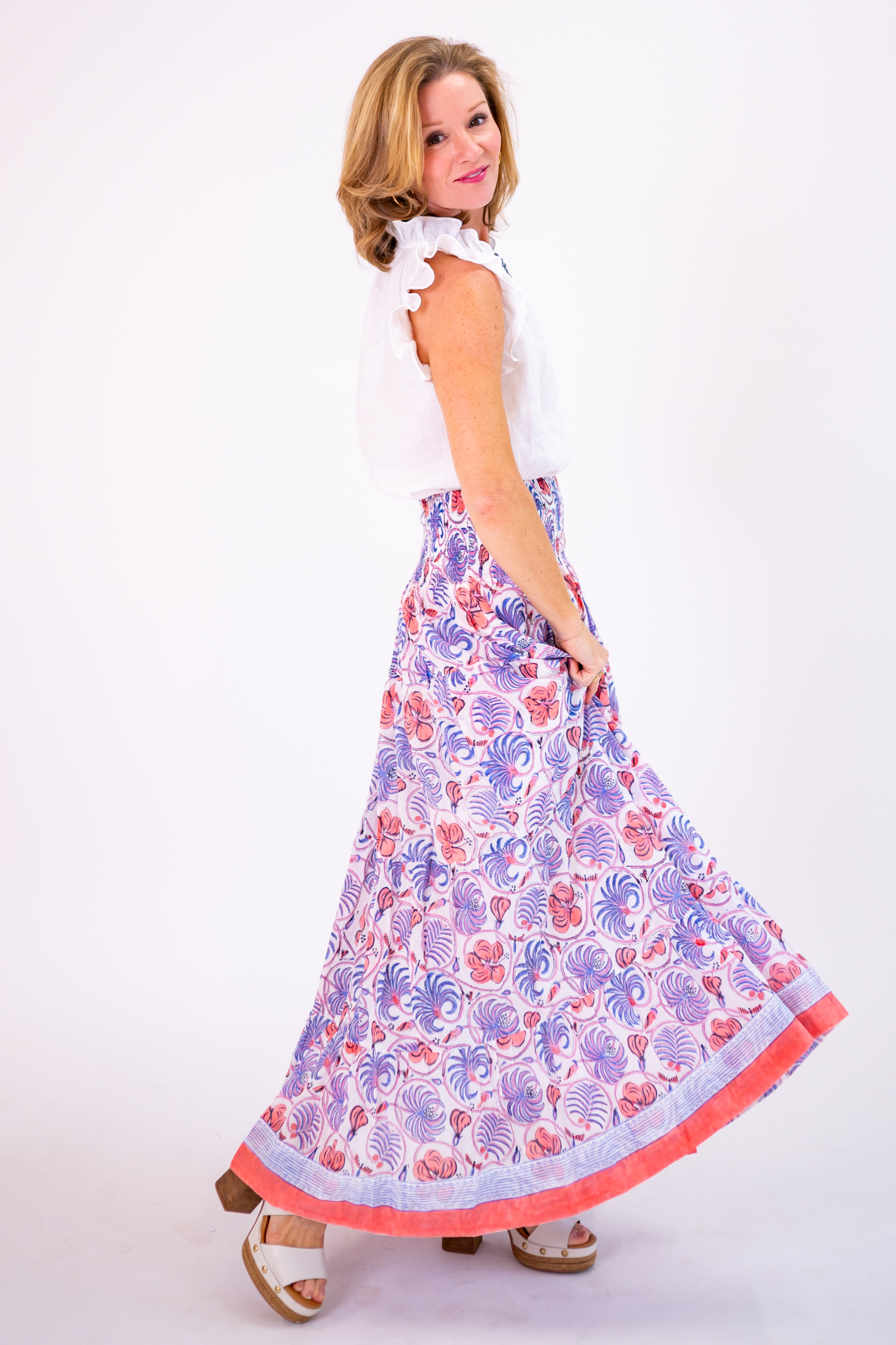 Britt Smocked Maxi Skirt - Hibiscus White