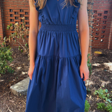 V-Neck Ruffle Midi Dress - Navy