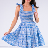 Joy Bow Mini Dress - Bulb Trellis Bright Blue