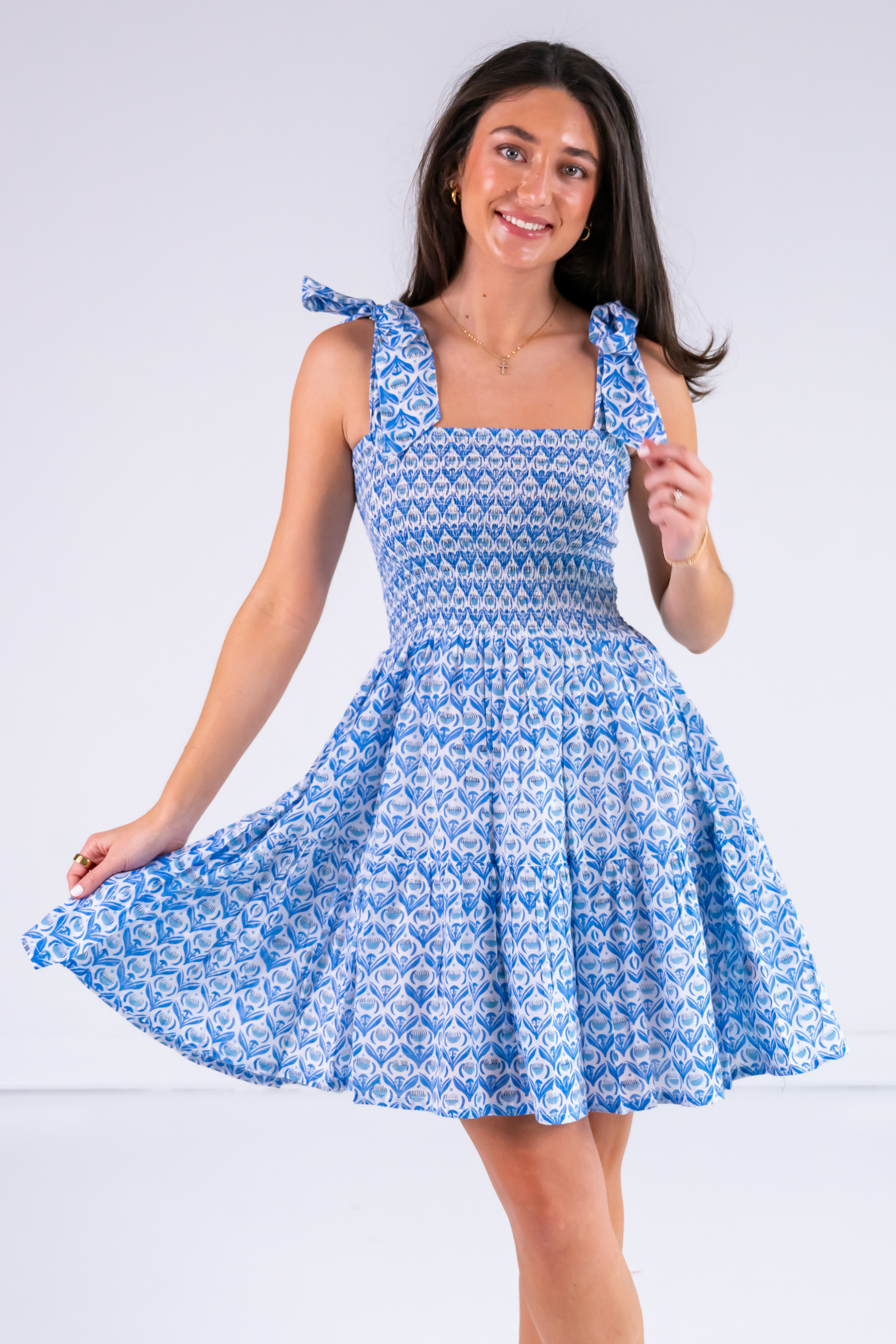 Joy Bow Mini Dress - Bulb Trellis Bright Blue Joy Bow Mini Dress - Bulb Trellis Bright Blue
