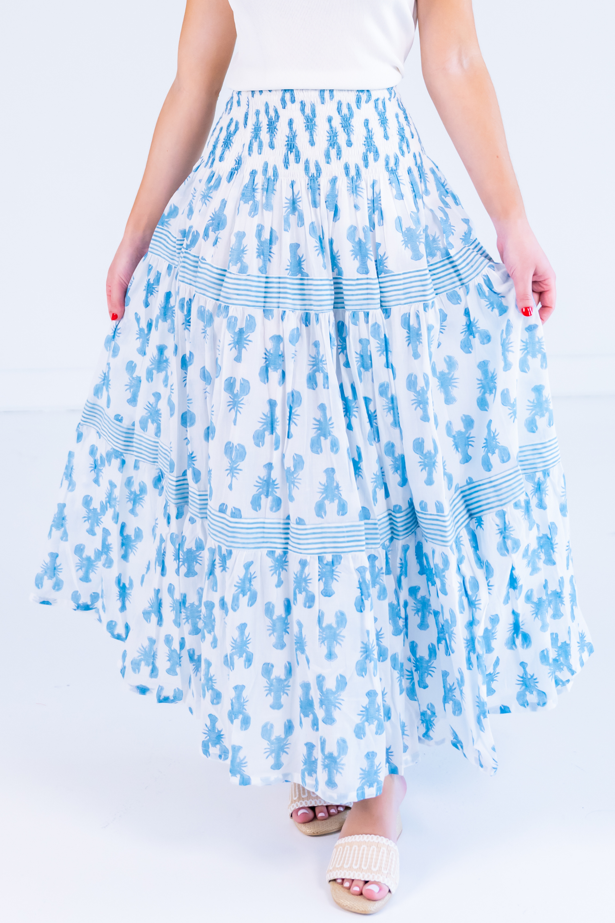 Lucy Smocked Midi Skirt - Lobsters Carolina Blue