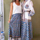 Heidi Long Sleeve Belted Blockprint Maxi Dress - Navy Orange Mix