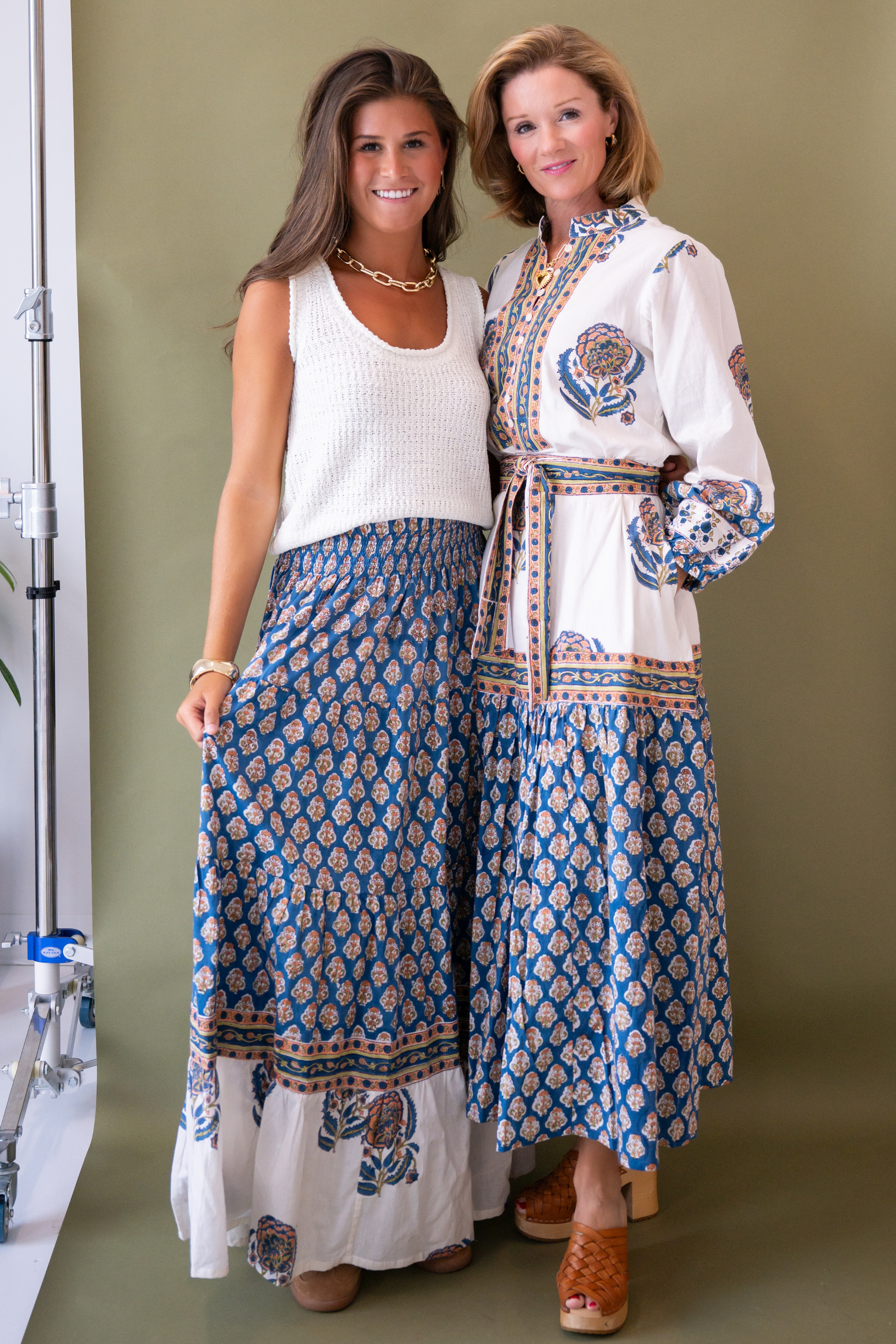 Heidi Long Sleeve Belted Blockprint Maxi Dress - Navy Orange Mix