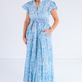 Louise Flutter Sleeve Blockprint Maxi Dress - Blossom Carolina Blue