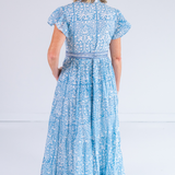 Louise Flutter Sleeve Blockprint Maxi Dress - Blossom Carolina Blue