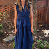 V-Neck Ruffle Midi Dress - Navy